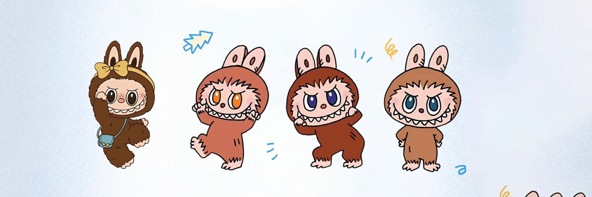Panoramic artwork of The Monsters universe, showcasing both Zimomo and Labubu.