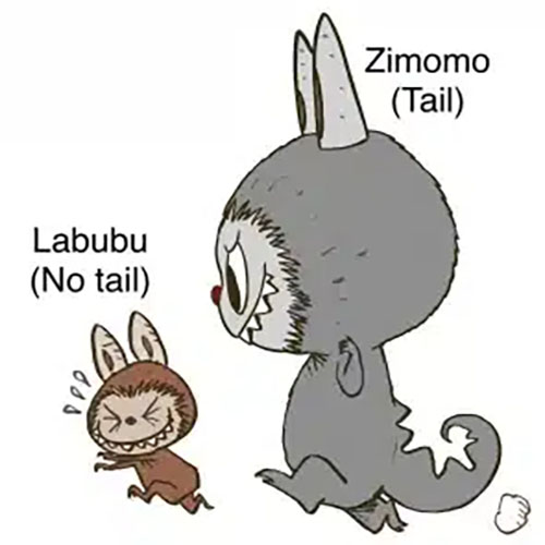 A collage showing the comparison between a Zimomo figure with its long tail and a Labubu figure.